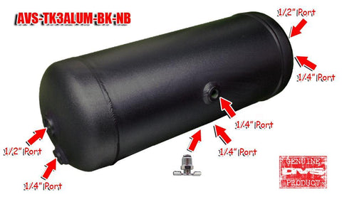 AVS 3 Gallon Aluminum Tank W/ 6 Ports - No Brackets - Black-Complete Air Ride